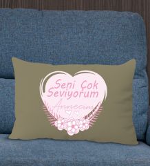 BK Gift Anneler Günü Tasarımlı Premium Kumaş Haki Dikdörtgen Kırlent Yastık, Anneler Günü Hediyesi, Ev Dekorasyonu-1