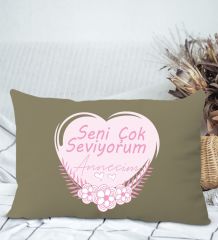 BK Gift Anneler Günü Tasarımlı Premium Kumaş Haki Dikdörtgen Kırlent Yastık, Anneler Günü Hediyesi, Ev Dekorasyonu-1