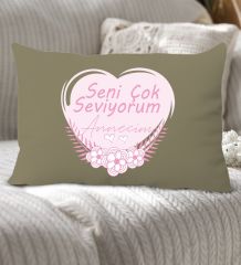 BK Gift Anneler Günü Tasarımlı Premium Kumaş Haki Dikdörtgen Kırlent Yastık, Anneler Günü Hediyesi, Ev Dekorasyonu-1