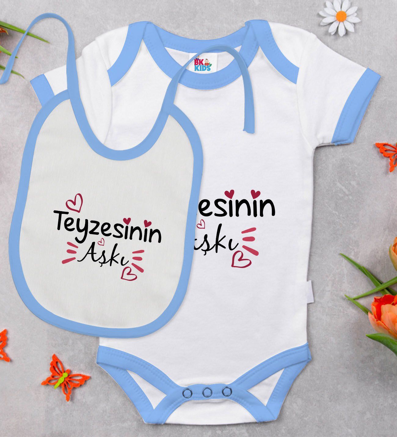 BK Kids Teyzesinin Aşkı Tasarımlı Mavi Bebek Body Zıbın ve Mama Önlüğü Hediye Seti-1