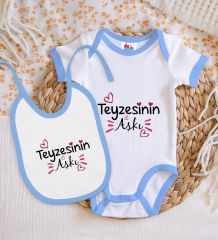 BK Kids Teyzesinin Aşkı Tasarımlı Mavi Bebek Body Zıbın ve Mama Önlüğü Hediye Seti-1