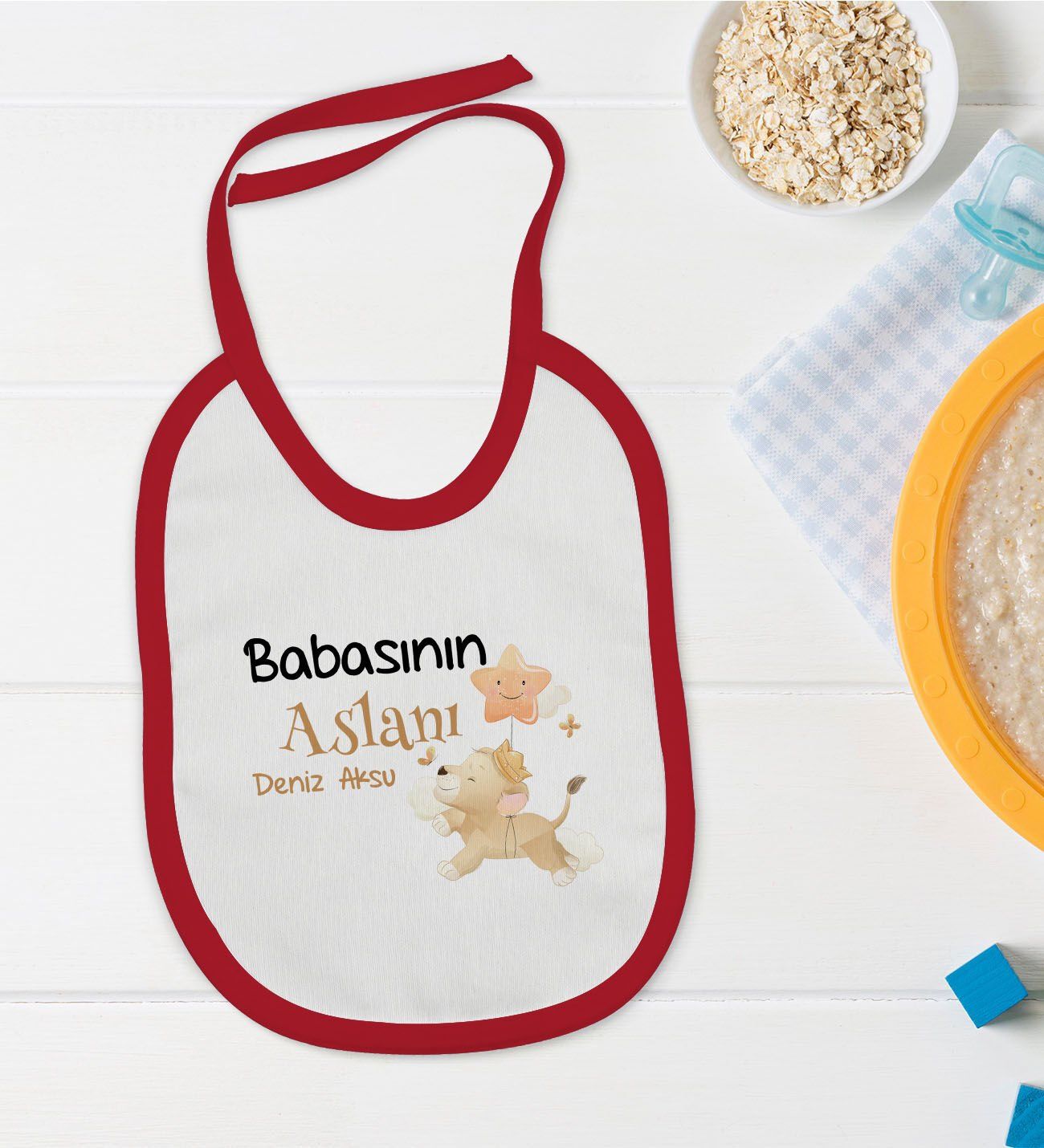 BK Kids Kişiye Özel Babasının Aslanı Tasarımlı Kırmızı Bebek Mama Önlüğü-1