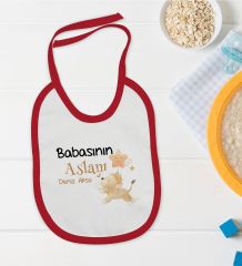 BK Kids Kişiye Özel Babasının Aslanı Tasarımlı Kırmızı Bebek Mama Önlüğü-1