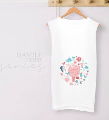 BK Gift Kişiye Özel İsimli Uyuyor Tasarımlı Beyaz Sıfır Kol Hamile Tişört-4, Hamile Giyim, Eşe Hediye