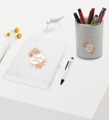 BK Gift Kişiye Özel Çiçek Tasarımlı Beyaz Defter Kalem ve Kalemlik Hediye Seti - Model 16