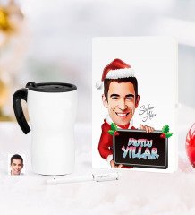 Kişiye Özel Yılbaşı Bay Karikatürlü Beyaz Defter Kalem Termos Mug Seti - 2