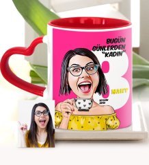Kişiye Özel Kadınlar Günü Temalı Karikatür Kırmızı Kalpli Kupa Bardak - 3