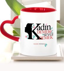 Kişiye Özel Kadınlar Günü Kırmızı Kalpli Kupa Bardak - 5