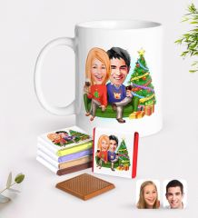 Kişiye Özel Yeni Yıl Sevgililer Karikatürlü Beyaz Kupa ve Çikolata Hediye Seti-4