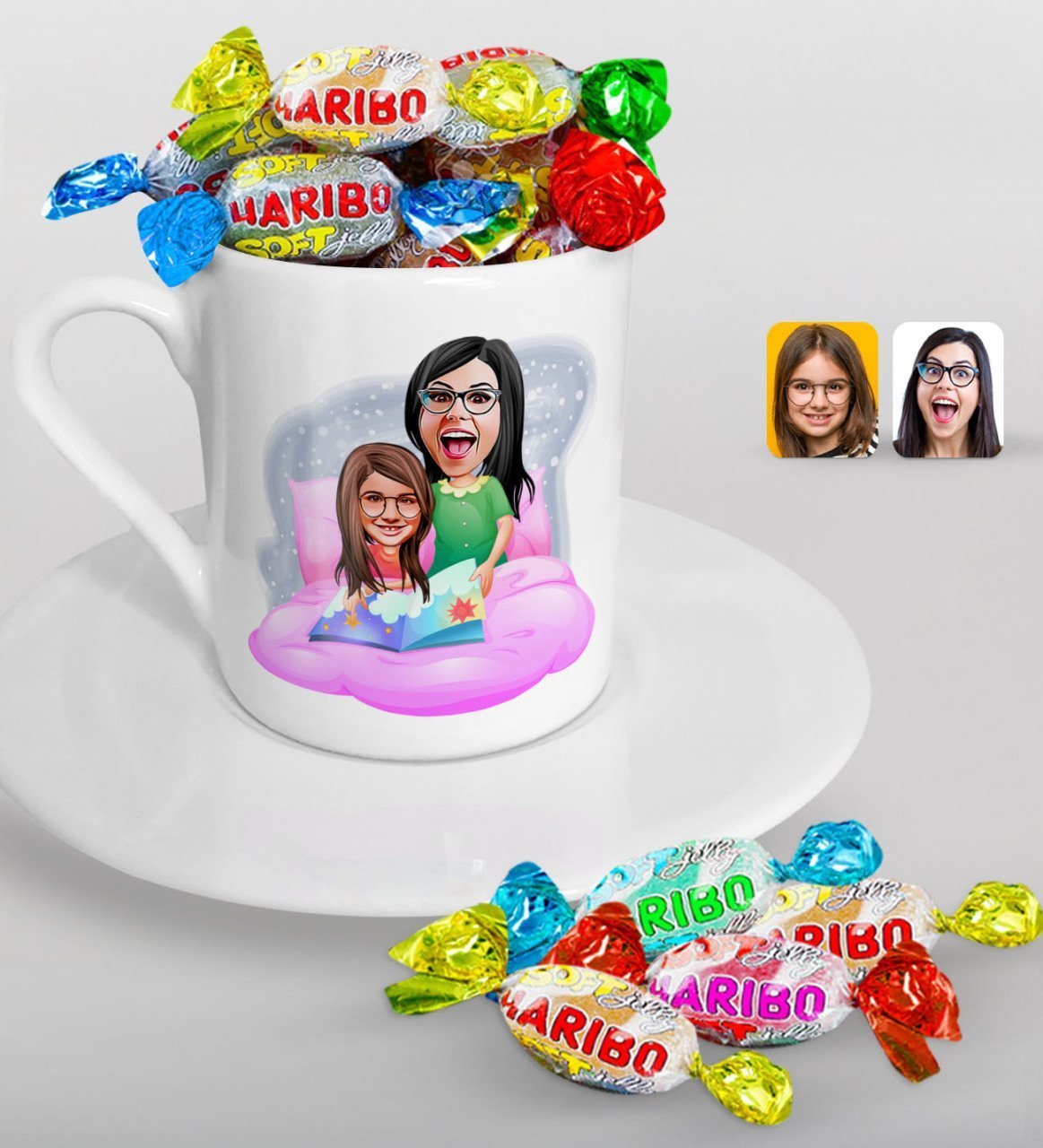 Kişiye Özel Anneler Günü Temalı Anne Kız Karikatürlü Türk Kahvesi Fincanı ve Haribo Şeker Hediye Seti-3