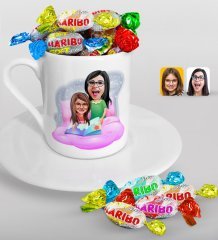 Kişiye Özel Anneler Günü Temalı Anne Kız Karikatürlü Türk Kahvesi Fincanı ve Haribo Şeker Hediye Seti-3