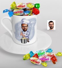 Kişiye Özel Bay Aşçı Karikatürlü Türk Kahvesi Fincanı ve Haribo Şeker Hediye Seti-1