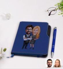Kişiye Özel Sevgililer Karikatürlü Lacivert Termo Deri Defter Kalem Seti-100