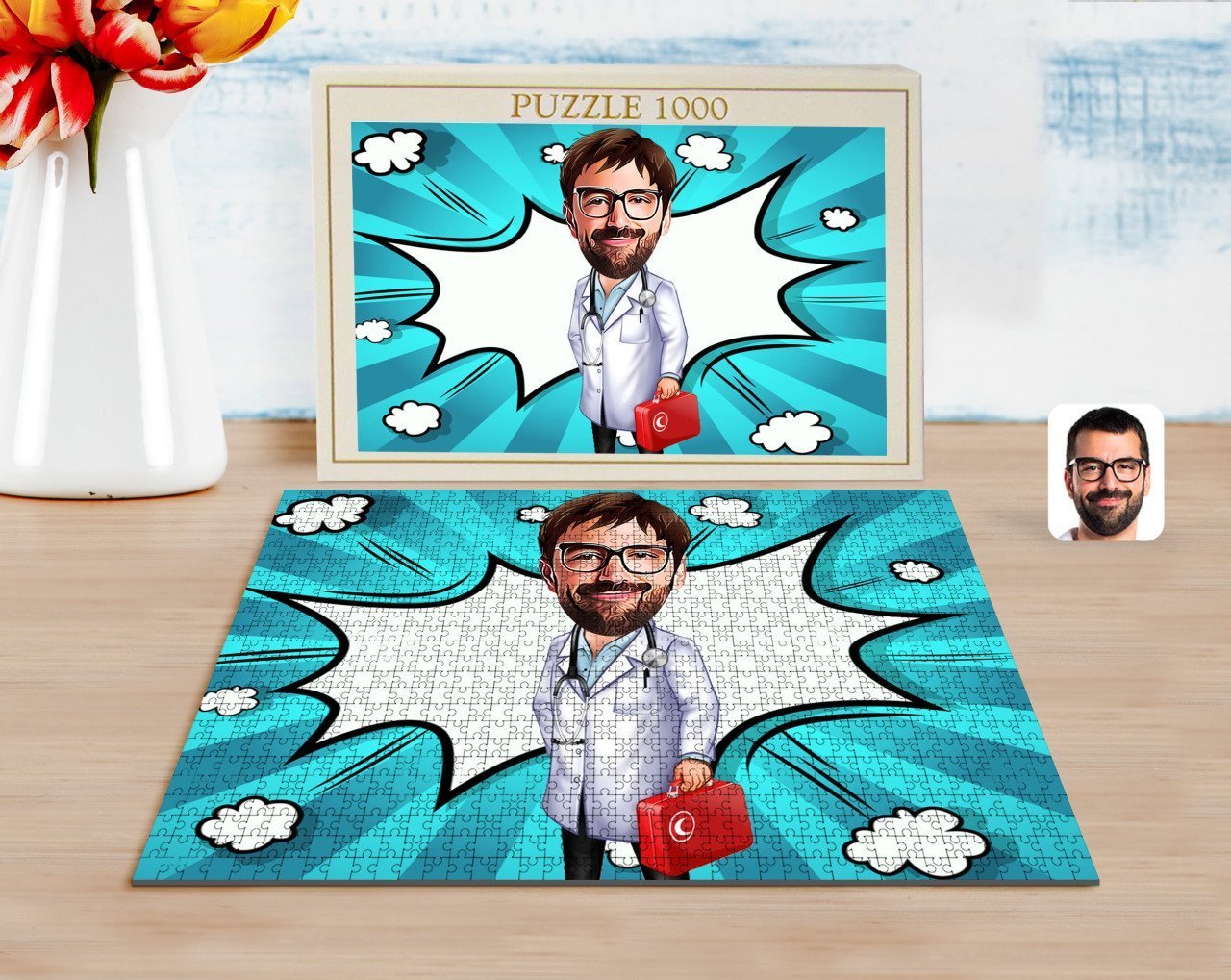 Kişiye Özel Erkek Acil Tıp Teknisyeni Karikatürlü 1000 Parça Profesyonel Puzzle-1