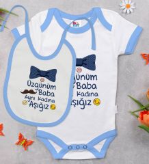 BK Kids Aynı Kadına Aşığız Tasarımlı Mavi Bebek Body Zıbın ve Mama Önlüğü Hediye Seti-1