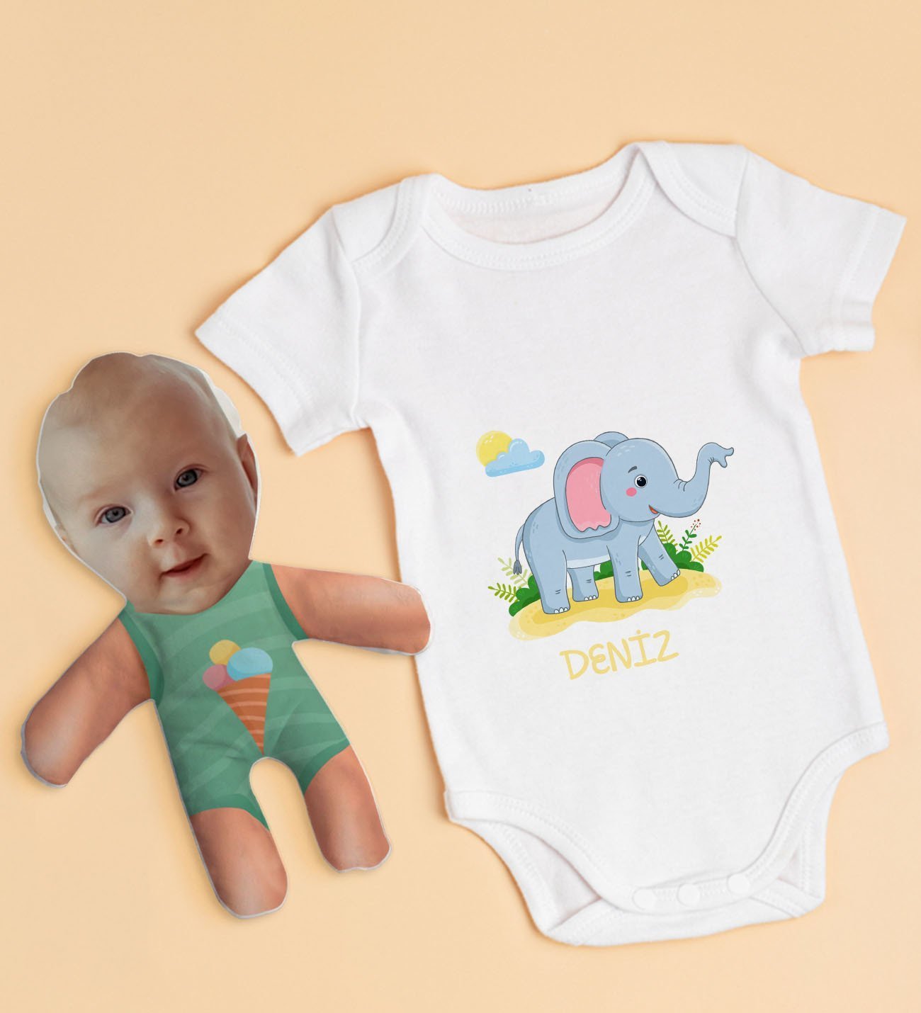 BK Kids Kişiye Özel Fotoğraflı Bebek Yastık ve Bebek Body Zıbın Hediye Seti - Model 16