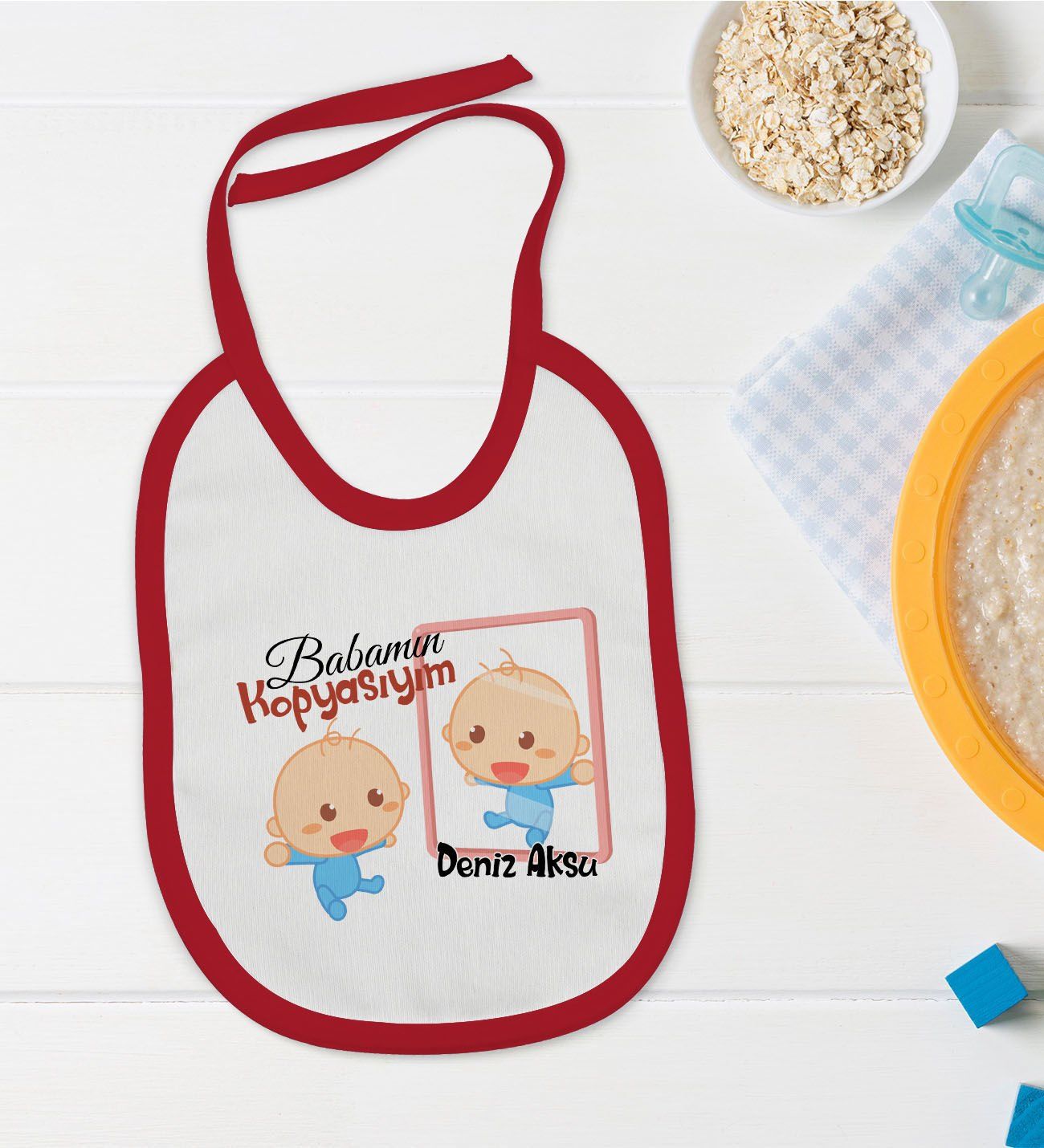 BK Kids Kişiye Özel Babamın Kopyasıyım Tasarımlı Kırmızı Bebek Mama Önlüğü-1