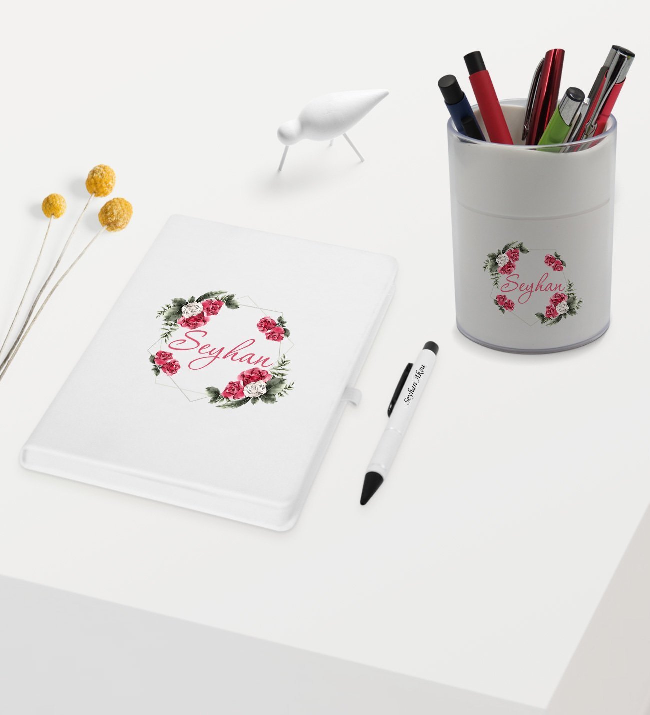 BK Gift Kişiye Özel Çiçek Tasarımlı Beyaz Defter Kalem ve Kalemlik Hediye Seti - Model 15