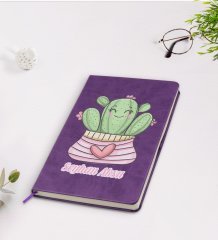 Kişiye Özel Kaktüs Tasarımlı Mor Termo Deri Defter Model 2
