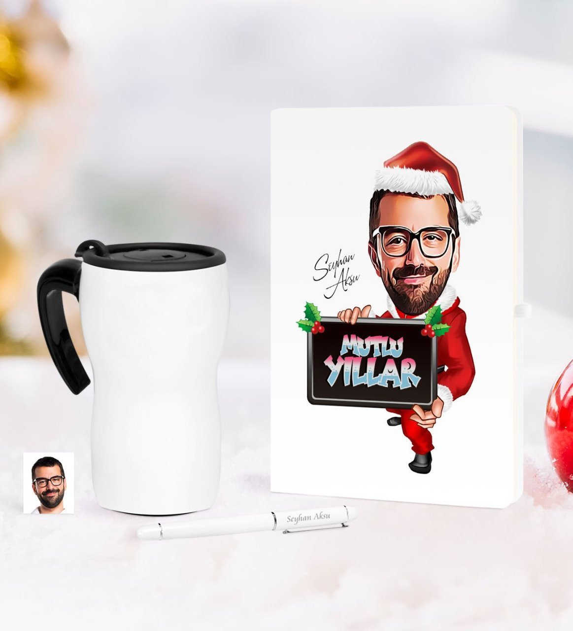Kişiye Özel Yılbaşı Bay Karikatürlü Beyaz Defter Kalem Termos Mug Seti - 1