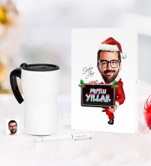 Kişiye Özel Yılbaşı Bay Karikatürlü Beyaz Defter Kalem Termos Mug Seti - 1