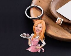 BK Gift Kişiye Özel Ev Hanımı Karikatürlü Ahşap Anahtarlık-4 Sevgiliye Hediye, Arkadaşa Hediye, Doğum Günü Hediyesi