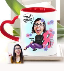 Kişiye Özel Kadınlar Günü Temalı Karikatür Kırmızı Kalpli Kupa Bardak - 2