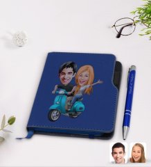 Kişiye Özel Sevgililer Karikatürlü Lacivert Termo Deri Defter Kalem Seti-99