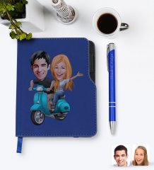 Kişiye Özel Sevgililer Karikatürlü Lacivert Termo Deri Defter Kalem Seti-99