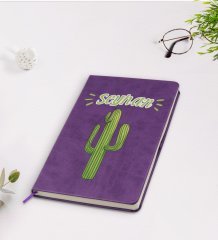 Kişiye Özel Kaktüs Tasarımlı Mor Termo Deri Defter Model 1