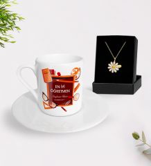 BK Gift Kişiye Özel Öğretmenler Günü Türk Kahvesi Fincanı ve İsimli Papatya Kolye Hediye Seti- 1, Öğretmene Hediye, Öğretmenler Günü