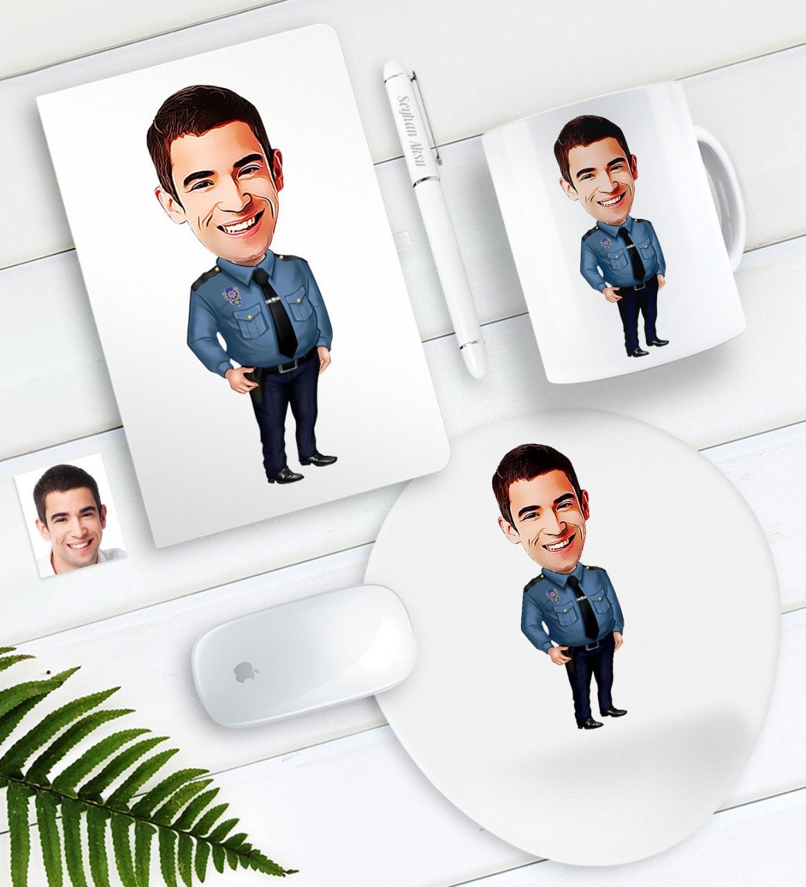 Kişiye Özel Bay Polis Karikatürlü Defter Kalem Kupa Mouse Pad Seti-3