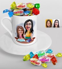 Kişiye Özel Anneler Günü Temalı Anne Kız Karikatürlü Türk Kahvesi Fincanı ve Haribo Şeker Hediye Seti-1