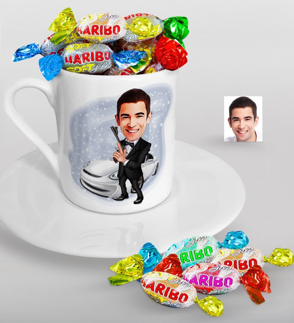 Kişiye Özel Bay Ajan Karikatürlü Türk Kahvesi Fincanı ve Haribo Şeker Hediye Seti-1