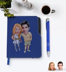 Kişiye Özel Sevgililer Karikatürlü Lacivert Termo Deri Defter Kalem Seti-98