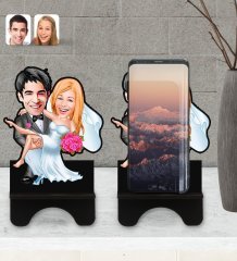 Kişiye Özel Evleniyoruz Karikatürlü Ahşap Biblo Telefon Standı-9