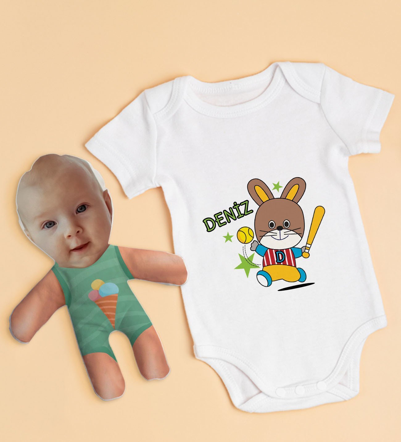 BK Kids Kişiye Özel Fotoğraflı Bebek Yastık ve Bebek Body Zıbın Hediye Seti - Model 14