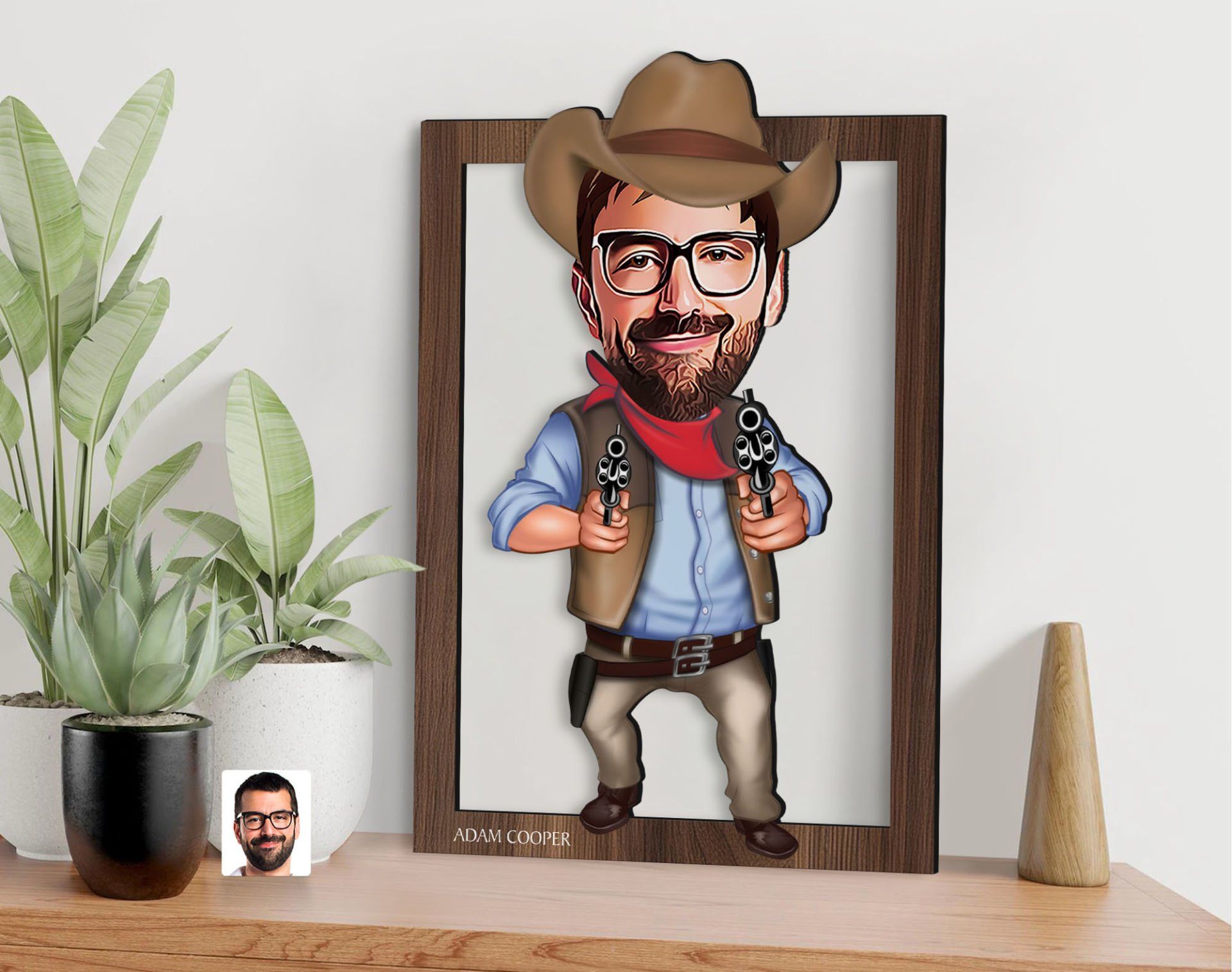 BK Gift Kişiye Özel Kovboy Karikatürlü 3D Ahşap Tablo-4, Sevgiliye Hediye, Arkadaşa Hediye, Doğum Günü Hediyesi