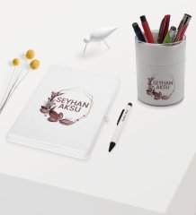 BK Gift Kişiye Özel Çiçek Tasarımlı Beyaz Defter Kalem ve Kalemlik Hediye Seti - Model 13