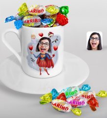 Kişiye Özel Anneler Günü Temalı Süper Anne Karikatürlü Türk Kahvesi Fincanı ve Haribo Şeker Hediye Seti-1