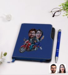 Kişiye Özel Sevgililer Karikatürlü Lacivert Termo Deri Defter Kalem Seti-97