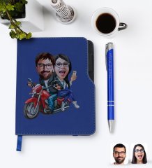 Kişiye Özel Sevgililer Karikatürlü Lacivert Termo Deri Defter Kalem Seti-97