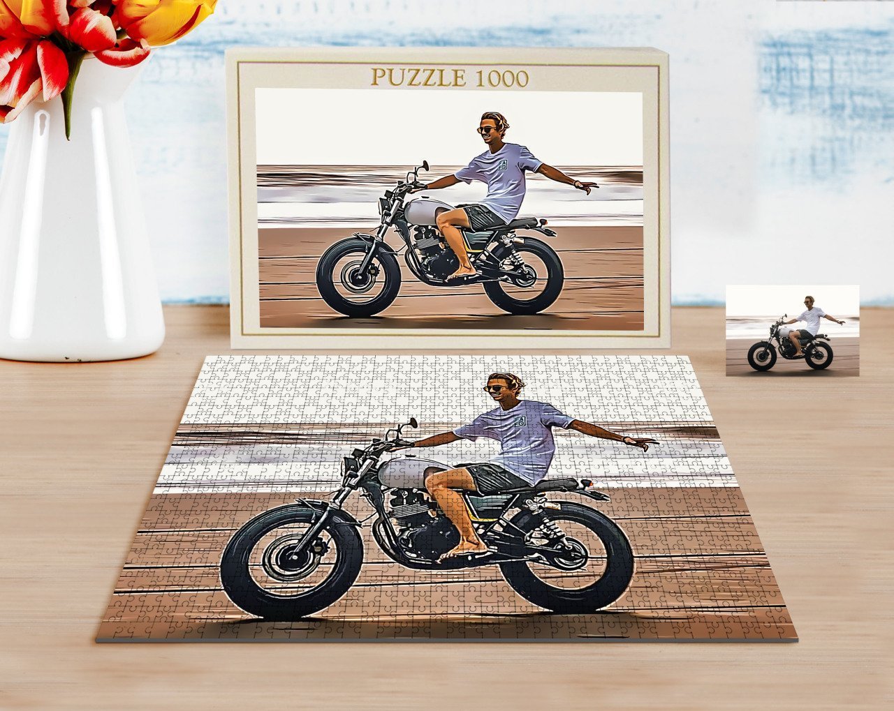 Kişiye Özel Tam Boy Motosikletli Adam Karikatürlü 1000 Parça Profesyonel Puzzle-1