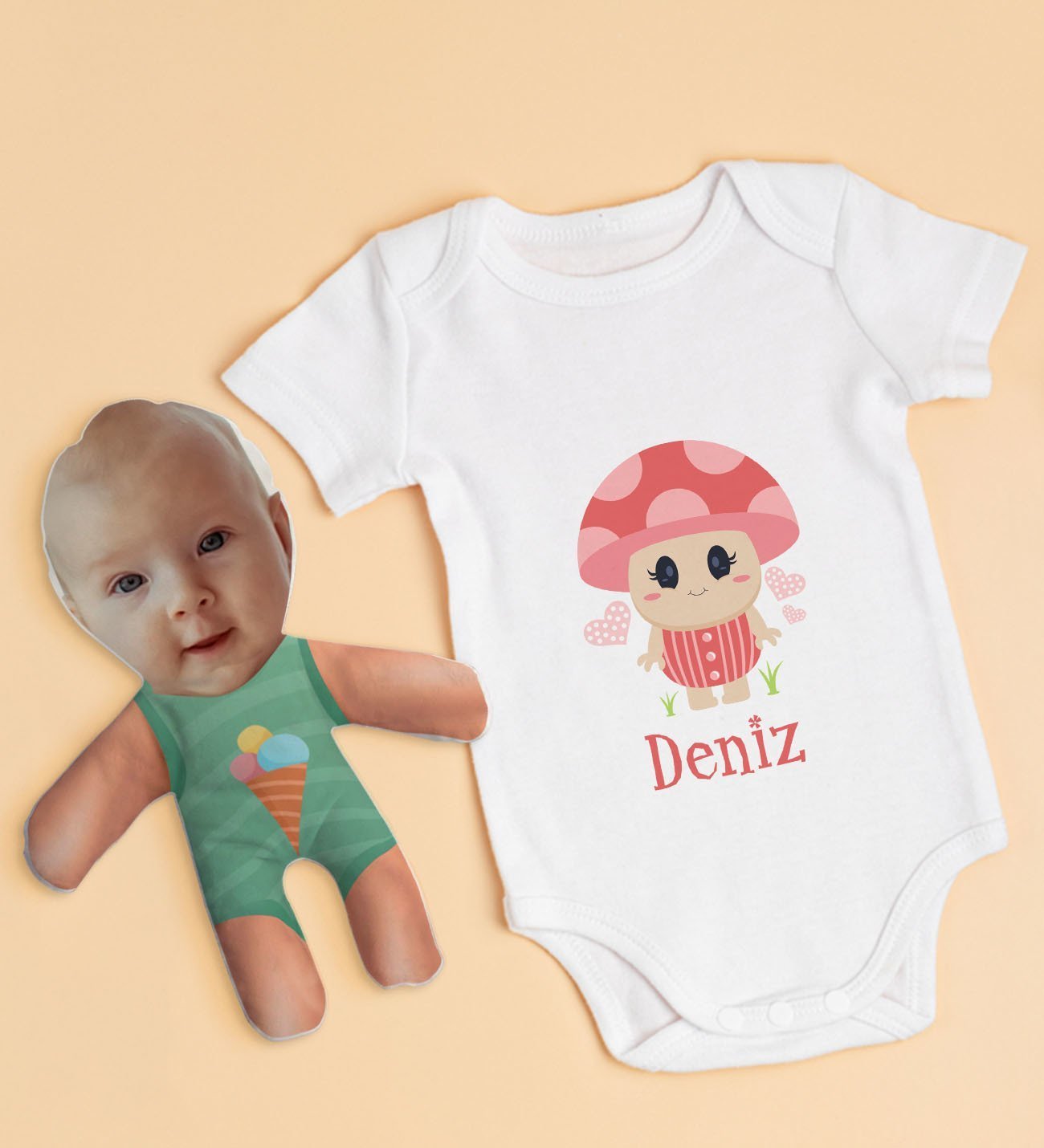 BK Kids Kişiye Özel Fotoğraflı Bebek Yastık ve Bebek Body Zıbın Hediye Seti - Model 13