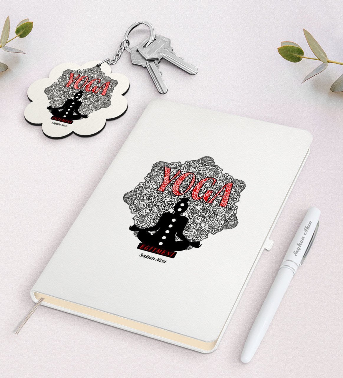 Kişiye Özel Yoga Eğitmeni Beyaz Defter Kalem ve Anahtarlık Hediye Seti-2