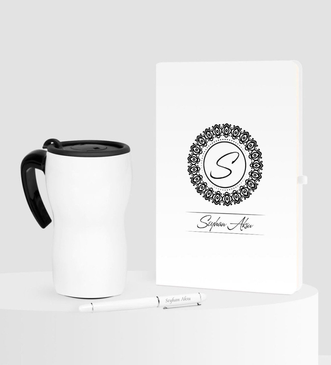Kişiye Özel İsimli Beyaz Defter Kalem Termos Mug Seti - 2