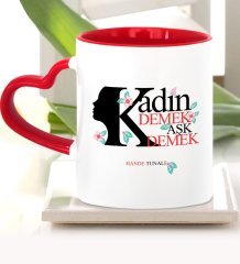 Kişiye Özel Kadınlar Günü Kırmızı Kalpli Kupa Bardak - 1