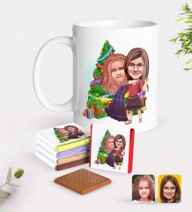 Kişiye Özel Yeni Yıl Kız Kardeşler Karikatürlü Beyaz Kupa ve Çikolata Hediye Seti-3