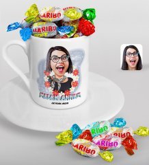 Kişiye Özel Anneler Günü Temalı Melek Annem Karikatürlü Türk Kahvesi Fincanı ve Haribo Şeker Hediye Seti-1