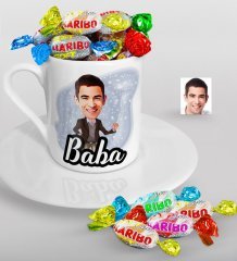 Kişiye Özel Baba Karikatürlü Türk Kahvesi Fincanı ve Haribo Şeker Hediye Seti-1